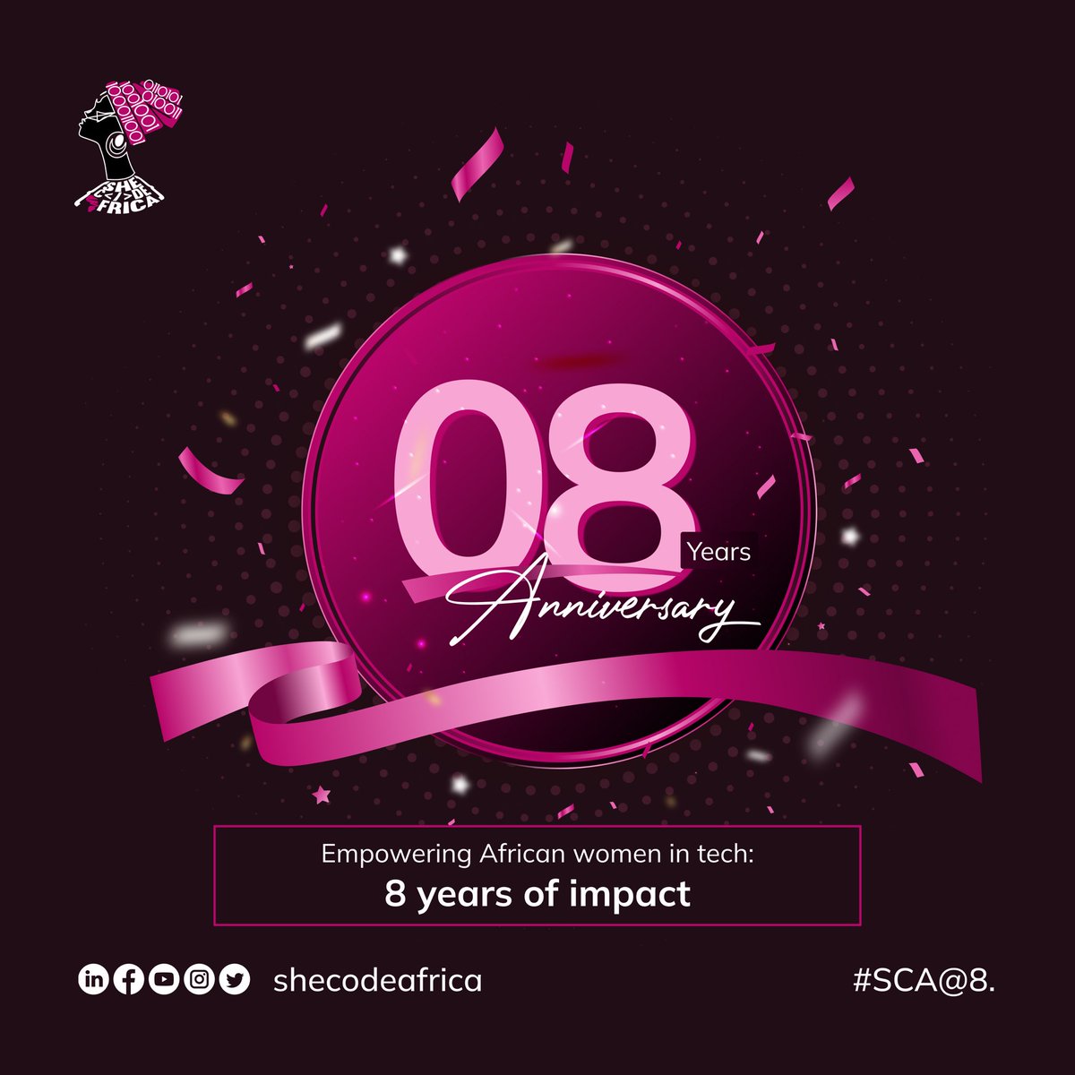 SheCodeAfrica's tweet photo. Empowering African Women in Tech: 8 Years of Impact and Making Dreams Come True 🚀

For 8 amazing years, She Code Africa has been empowering women in Africa to achieve their dreams. We've seen women break through challenges, succeed, and inspire others. 💃💃💃💃🚀🚀

We're doing it for you, for the future generations of African women who dream of careers in tech. We're here to make sure those dreams come true and we're relentless in this mission. 🚀🚀🚀

She Code Africa has grown to be a beacon of light, empowering over 30,000 African women in tech with technical skills and job opportunities, expanding our reach to over 20 local communities in cities and campuses across 10 African countries, and providing a safe and supportive platform to 25,000 members! 🥳

Join us in celebrating our 8-year journey of changing lives and opening doors for women in tech. We'll keep shaping a brighter future for all African women. It only gets better from here! ♥️♥️♥️

#SheCodeAfrica #SCAat8 #8YearsOfImpact #WomenInTech