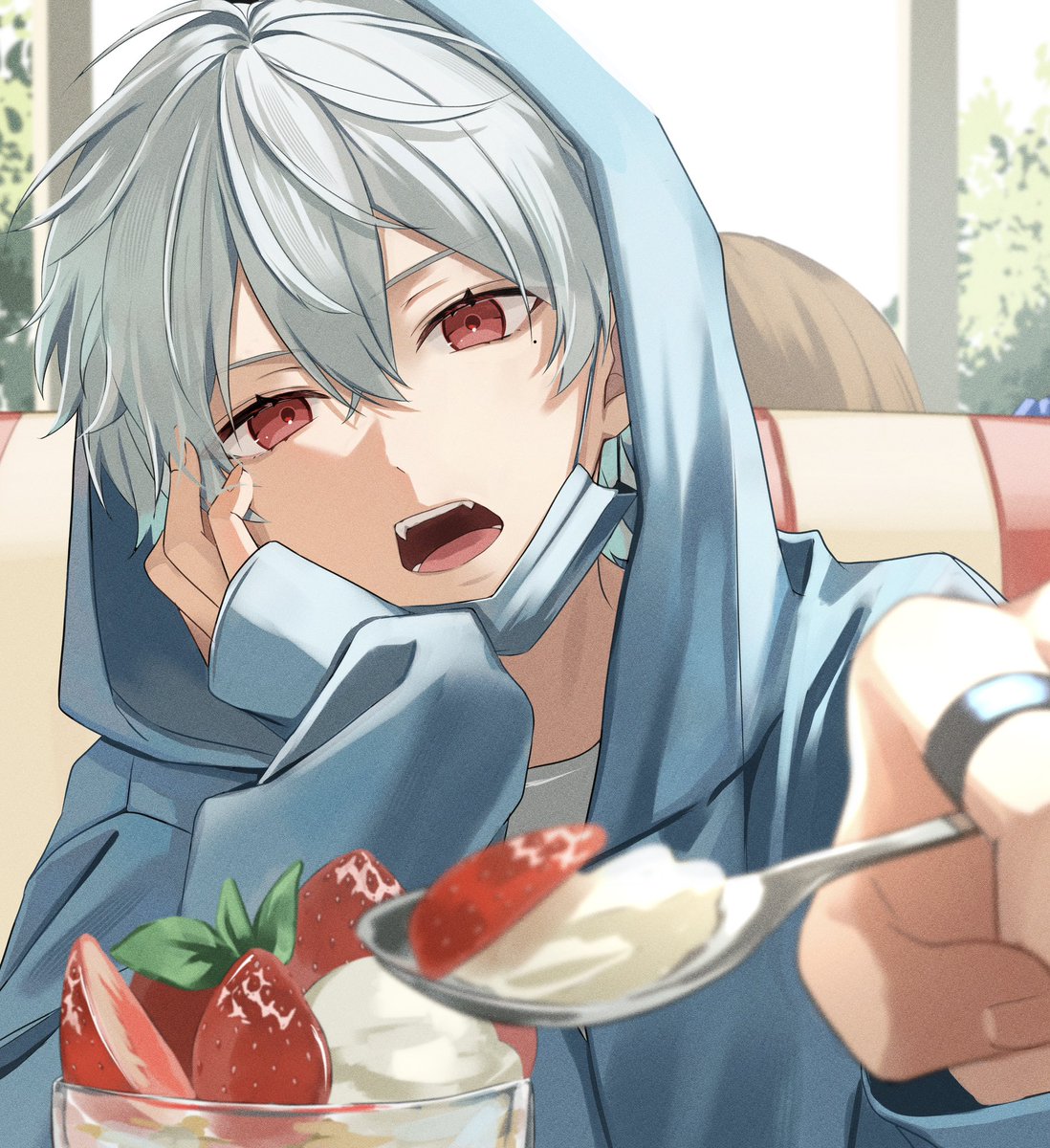 kuzuha (nijisanji) strawberry hood red eyes food male focus spoon mask  illustration images