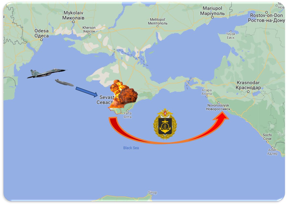 UKikaski's tweet photo. The biggest result, I believe, from the AFU missile strike on the RusNavy ships in Sevastopol last night will be the resulting relocation of the vessels to safer harbors and the impacts this will have on Russia's ability to deploy these assets (Kalibr carriers in particular) against Ukraine.

At a minimum, a massive amount of Russian air defense systems will need to be relocated to Sevastopol making them unavailable to the front lines. Despite this, the risks of other vessels being destroyed would remain high. 

#OSINT #UkraineRussiaWar️ #UkraineWar #Ukraine #Counteroffensive #PutinIsNotRussia