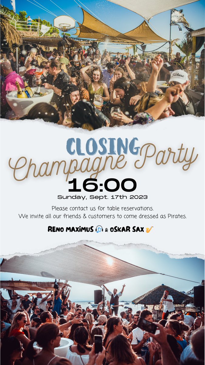 #aroses #elpirataclub 🍾 CLOSING CHAMPAGNE PARTY 🍾
🗓️ 17th september, 2023 from 4pm to 8pm

w/ DJ 🎧 <a href="/RenoMaximus/">Ｒｅｎｏ  〽️ａｘｉｍｕｓ ‼️</a> &amp; Sax 🎷 Oskar Sax

Let’s enjoy one last party all together before the summer comes to an end! 🥳🥳

See you Sunday pirates! 🏴‍☠️☠️