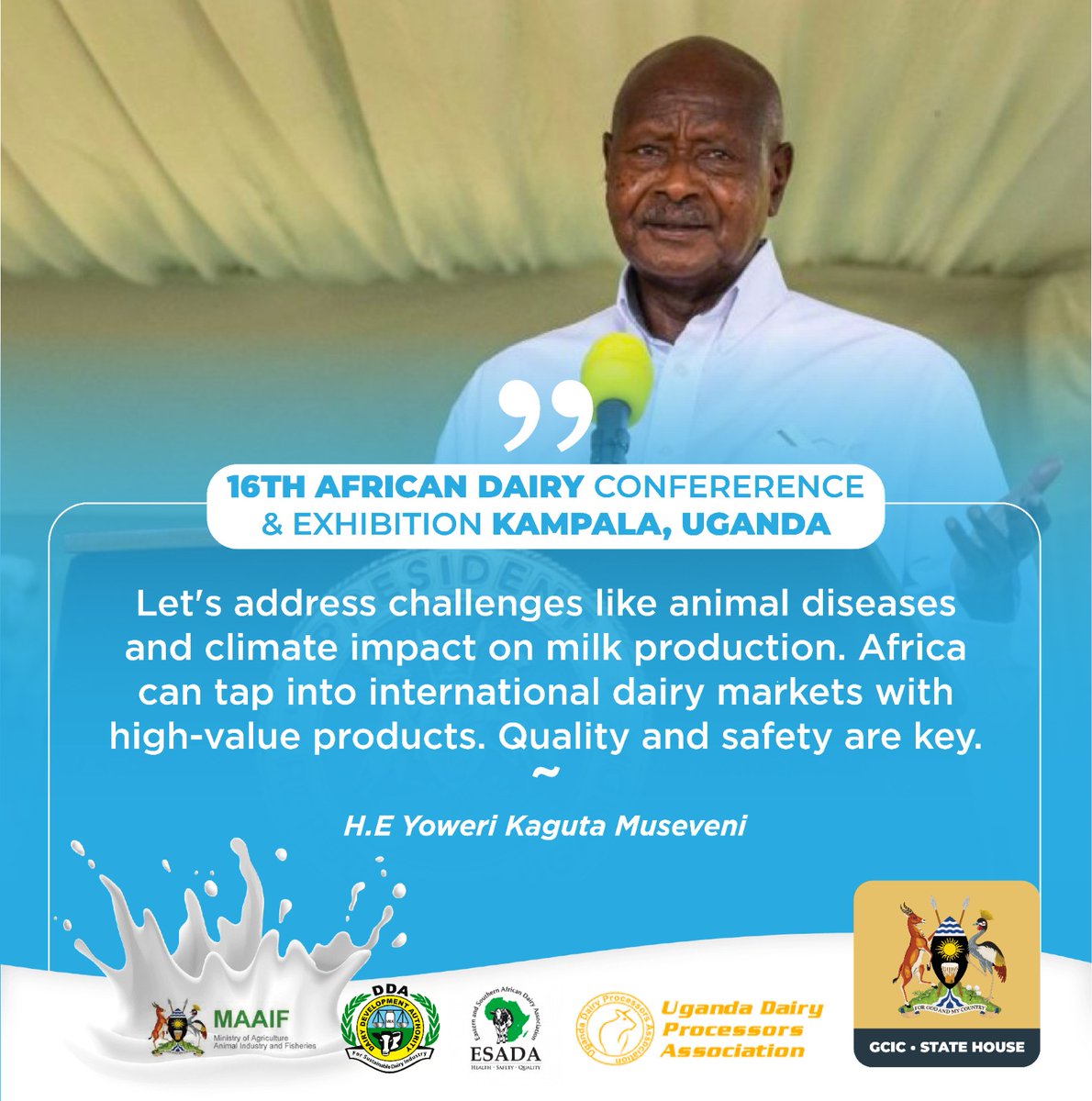 President Museveni also emphasised addressing challenges like animal diseases and climate impact on milk production. He added that Africa can tap into international dairy markets with high-value products because Quality and safety are key.#AFDA2023
