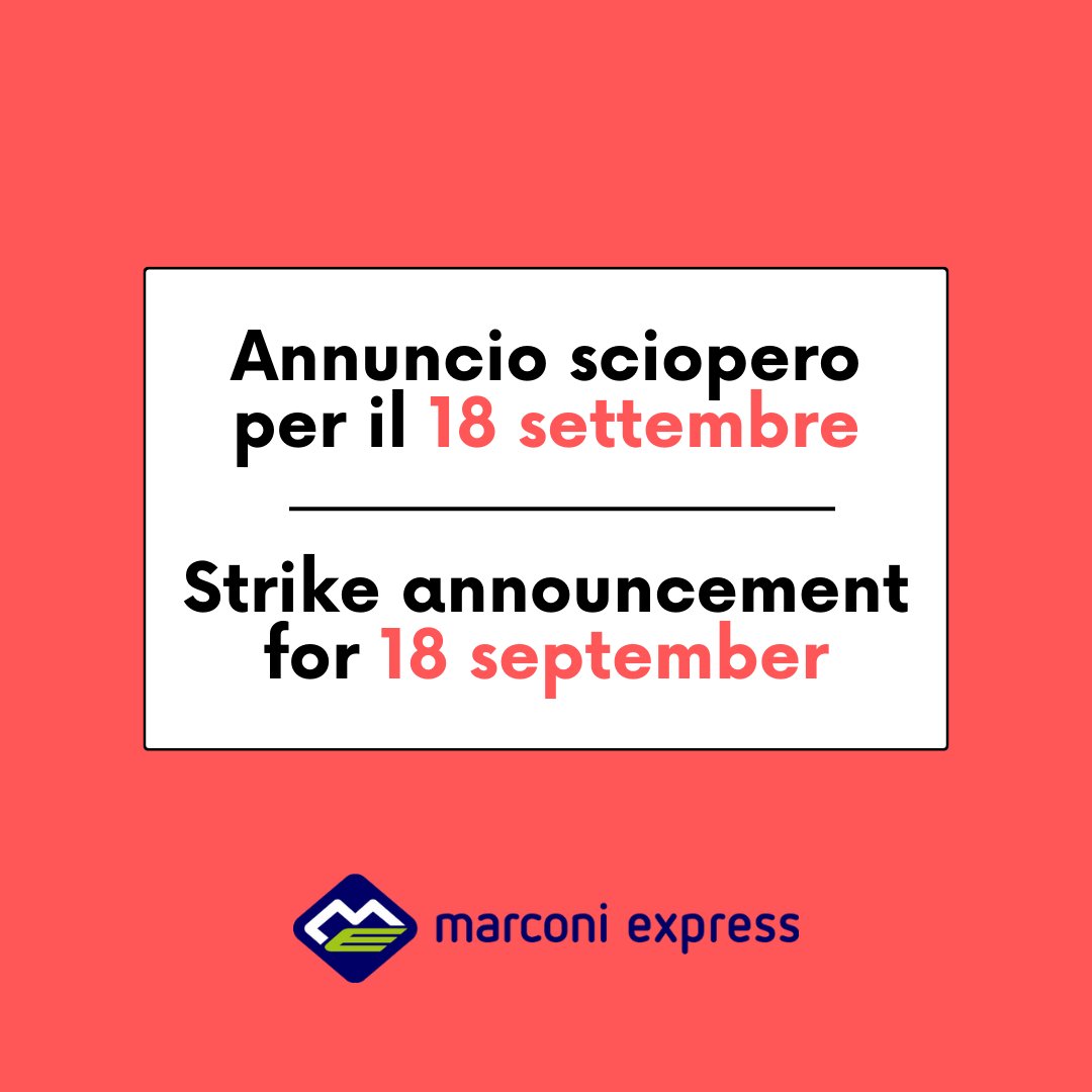 🔴Annuncio sciopero per lunedì 18 settembre
🔴Strike announcement for Monday 18 September

Read more ➡️marconiexpress.it/annuncio-sciop…