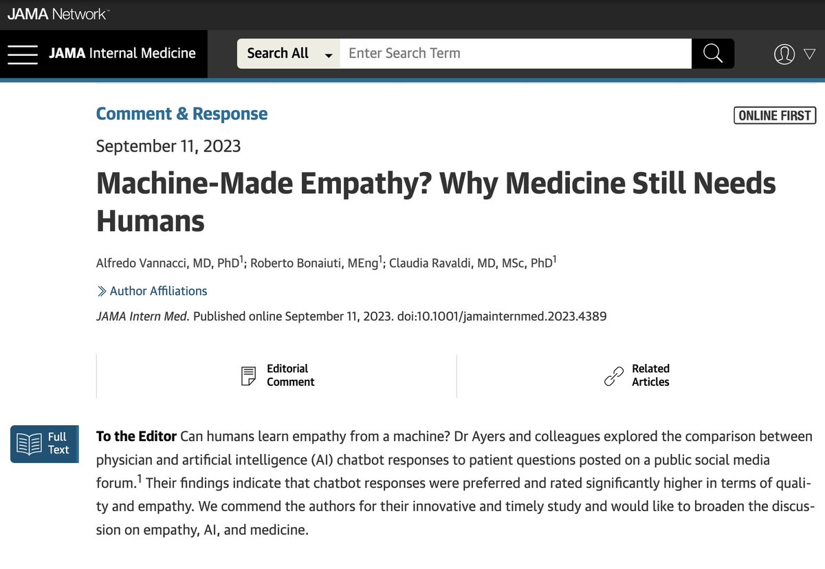 CiaoLapo's tweet photo. Will AI chatbots teach us empathy and improve #perinatal #mentalhealth?

Our letter in @JAMAInternalMed explores how they can support medical care, but also warns of ethical challenges. #AI #empathy #medicine 

https://t.co/VFRMhxMEdz https://t.co/X4B6BKm1lH