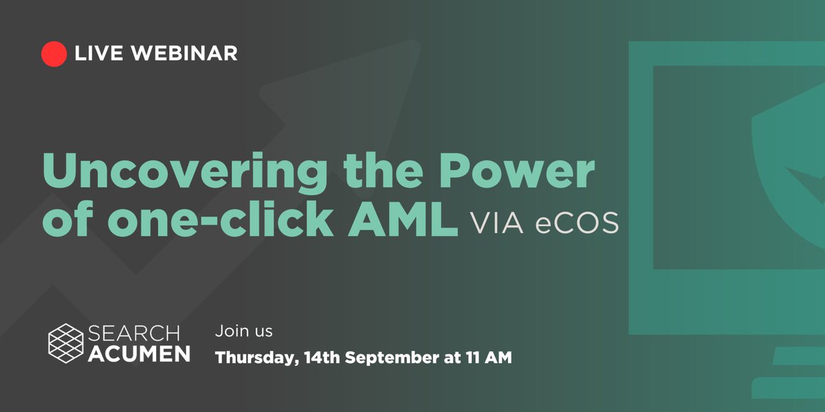 Join us tomorrow at 11am as we showcase the capabilities of AML via eCOS. 

By utilising our eCOS onboarding solution, managing AML becomes effortless.

Book your place here: bit.ly/3EyEgoE