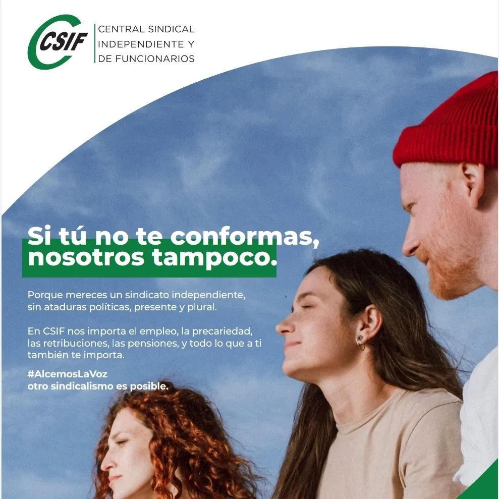 Porque mereces un sindicato independiente, sin ataduras políticas, honesto y plural 💚

En CSIF nos importa el empleo, la precariedad, los salarios, las pensiones, y todo lo que a ti también te importa 

🗯 #AlcemosLaVoz porque otro sindicalismo es posible

#CSIFsítedefiende