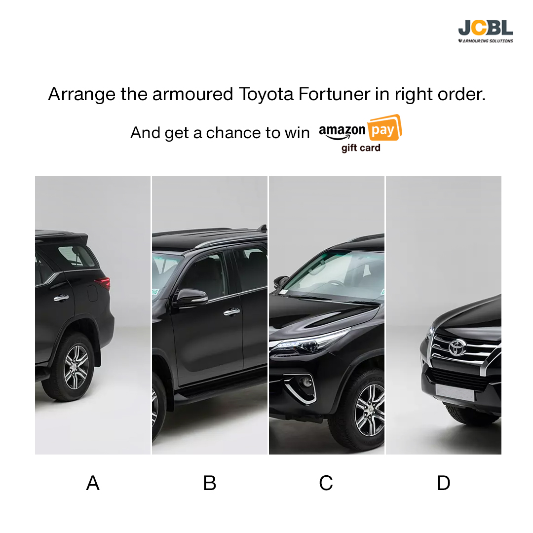 jcblarmoring's tweet image. The wait is over contest is live! 

Arrange the Fortuner in the right order and get a chance to win Amazon Pay Gift Coupon.

Participate now!  
👉 Rules to follow:- 
1- Like &amp;amp; Follow Us.  
2- Retweet this post  
3- Tag 3 of your friends   

#ContestAlert #contestalertindia