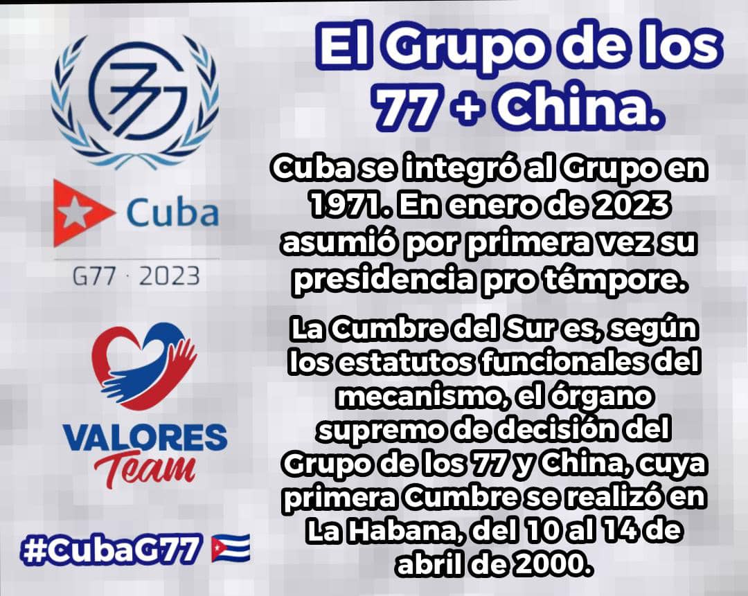 #Cuba se enorgullece de ser anfitrión de la Cumbre del G77 y China, donde juntos buscamos soluciones a desafíos globales! 
#CubaG77