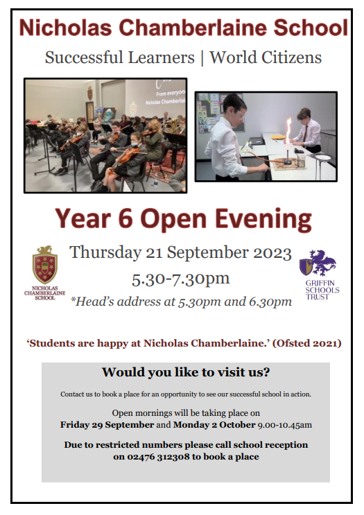 Nicholas Chamberlaine School Open Evening will take place on Thursday 21st September. We look forward to welcoming students and families.