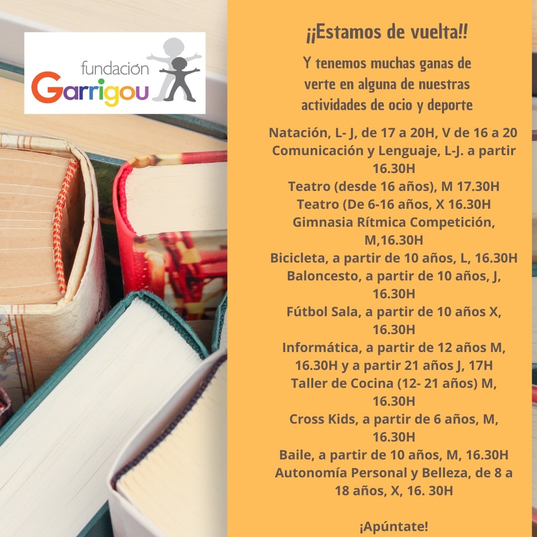 FGarrigou's tweet photo. ¡Estamos de vuelta! 👏👏
Y tenemos muchas ganas de verte en alguna de nuestras actividades 😊
Teatro 🎭
Bicicleta 🚴
Natación 🏊
Informática 💻
Fútbol ⚽
Baloncesto 🏀
Gimnasia Rítmica 🩰
Baile 🕺
Taller de Cocina 🥣
Autonomía Personal y Belleza 💅
Cross Kids 👣
Comunicación  🗣️ https://t.co/bx4isRa3re
