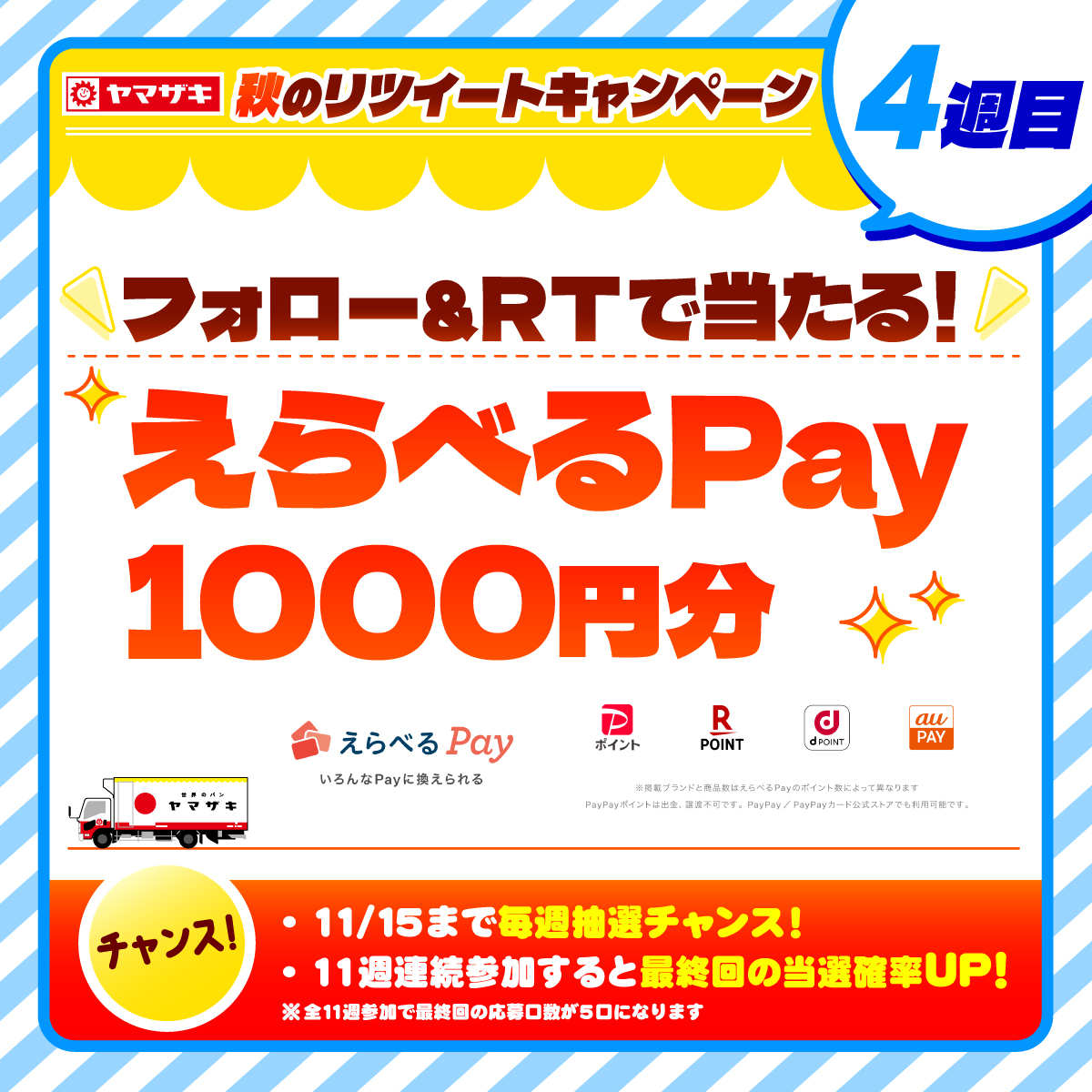 ／
毎週チャンス❗️
#ヤマザキ秋のリツイート🍁#4週目
＼

毎週30名、総計330名様にえらべるPay1,000円分が当たります🎯
チャンスをお見逃しなく👀

応募方法📝
1⃣<a href="/yamazakipan_cp/">山崎製パン＠商品情報発信中</a> をフォロー
2⃣この投稿を9/29(金)7:59までにRT(リポスト)
規約:bit.ly/3Oif8qS