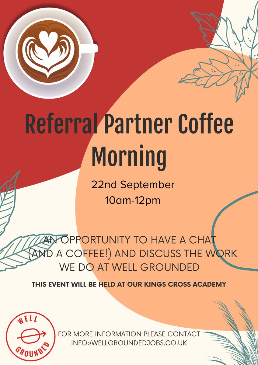 Hello! We have an exciting coffee morning coming up on the 22nd of September exclusively for our London referral partners. If you would like to attend then please sign up using this link - eventbrite.co.uk/e/well-grounde…