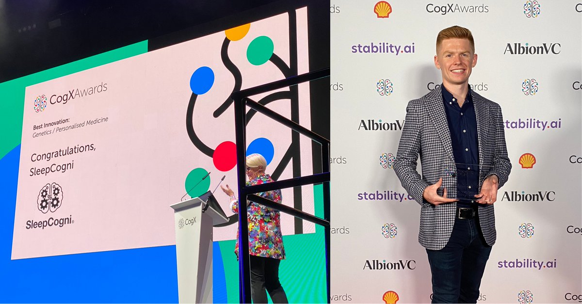 <a href="/SleepCogni/">SleepCogni</a>: Winners at the amazing @CogX '23 "Best innovation - Personalised Medicine"

Thank you to the judges lnkd.in/eP7rRNtm and <a href="/CogX_Festival/">CogX Festival</a>.

SleepCogni's Joseph Hawkins proudly accepted the award at <a href="/TheO2/">The O2</a> London last night.