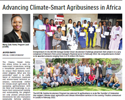 CGIARAfrica's tweet photo. 📰 In the News - AICCRA's agribusiness accelerators in 🇸🇳 Senegal &amp; 🇿🇲 Zambia featured in a special supplement of @The_EastAfrican focused on @TheAGRF.

The Accelerator teams hosted knowledge-sharing sessions &amp; a Masterclass at #AGRF2023.

Read more: https://t.co/51Gj0FSxqd https://t.co/UZZJWOa6DQ