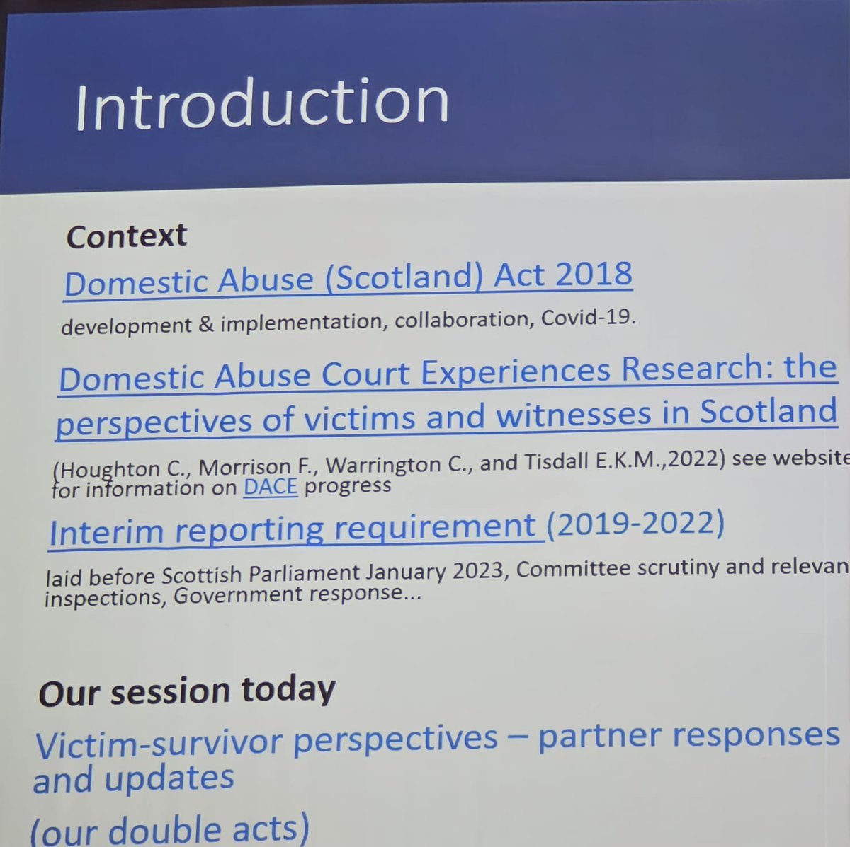 Up next: Implementing Scotland's 'gold-standard' Domestic Abuse Act in times of precarity - the perspectives of victim-survivors and the response from national policy leaders.  
Chaired by Dr Claire Houghton <a href="/uoessps/">School of Social & Political Science Edinburgh</a> 
<a href="/CamilleLW/">Camille Warrington</a> <a href="/EdinburghUni/">The University of Edinburgh</a> <a href="/fionamcmullen1/">fionamcmullen</a> <a href="/fifimorrison/">Fiona Morrison</a>