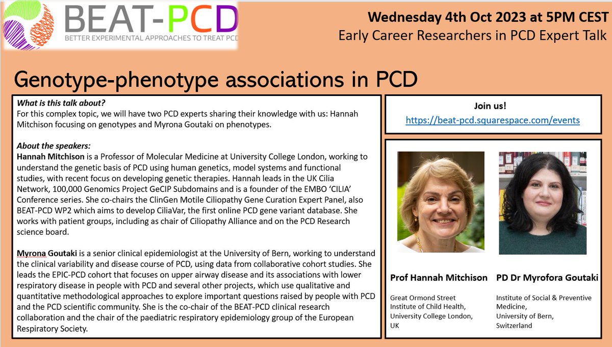 Join our next expert talk on hot topic genotype-phenotype association in #PCD with our experts @mgoutaki & Hannah Mitchison Register 👉 beat-pcd.squarespace.com/events @beatpcd @BiofilmHorton @ucl @ISPMBern @PCD_ispm