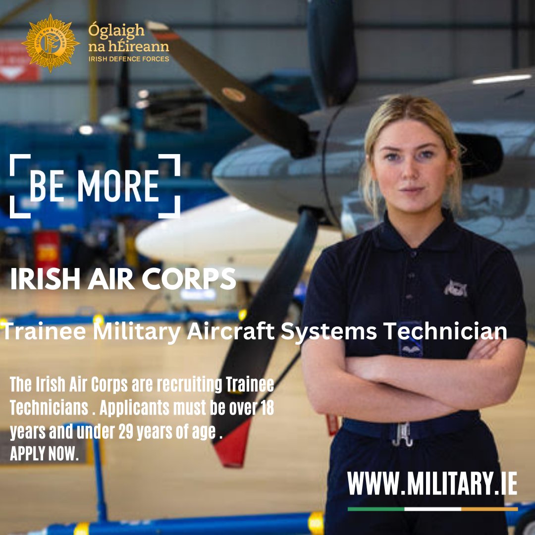 df_recruitment's tweet photo. Irish Air Corps  
Trainee Military Aircraft Technician applications now live on https://t.co/jVpC9Ueq15 closing date for applications 25th September 2023. Visit https://t.co/DxsQWOGE9E for more information and to apply. https://t.co/GG4KYVyolV