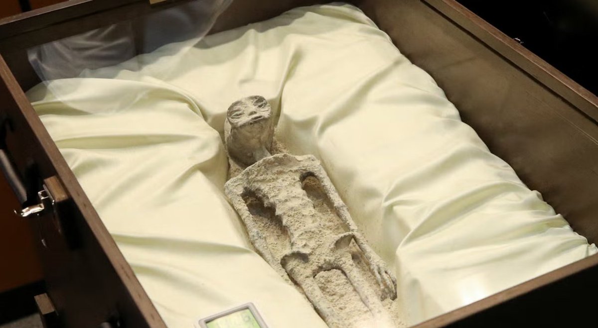 haskologlu's tweet photo. Peru'nun Cusco kentinden getirilen 2 küçük uzaylı olduğu iddia edilen cesetlerle ilgili tüm detaylar:

Ufolog Jaime Maussan, mumyalanmış örneklerin "karasal evrimimizin" bir parçası olmadığına ve DNA'larının neredeyse üçte birinin "bilinmediğine" dair yeminli ifade verdi.

Geçtiğimiz yıllarda Peru'da yapılan arkeolojik çalışmalarda yüzlerce mumyalanmış çocuk mezarları keşfedilmişti.

Bazı bilim adamları bu gösterilen mumyaların yine geçmiş dönem yaşayan insanların olduğunu belirtiyor ancak Ufolog Jaime Maussan bunların DNA'sının dünyaya ait olmadığını söylüyor.

Ufolog Jaime Maussan:

Bu örnekler bizim karasal dünyamızın bir parçası değil.

Bunlar bir UFO enkazından sonra bulunan varlıklar değil.

Diatom madenlerinde bulundular ve daha sonra fosilleştiler.

Maussan katılımcılara, örneklerin Meksika Özerk Ulusal Üniversitesi'ndeki (UNAM) radyokarbon tarihlemeyi kullanarak DNA kanıtları elde edebilen bilim adamları tarafından incelendiğini söyledi.

Diğer DNA örnekleriyle karşılaştırmalar yapıldıktan sonra örneklerin yüzde 30'undan fazlasının DNA'sının "bilinmediği" tespit edildi.

Basın açıklaması sırasında örneklerin röntgen görüntüleri de gösterildi; uzmanlar yeminli ifade vererek cesetlerden birinin içinde "yumurta" bulunduğunu, her ikisinde de Osmiyum gibi çok nadir metallerden yapılmış implantların bulunduğunu söyledi. (2. GÖRSEL)