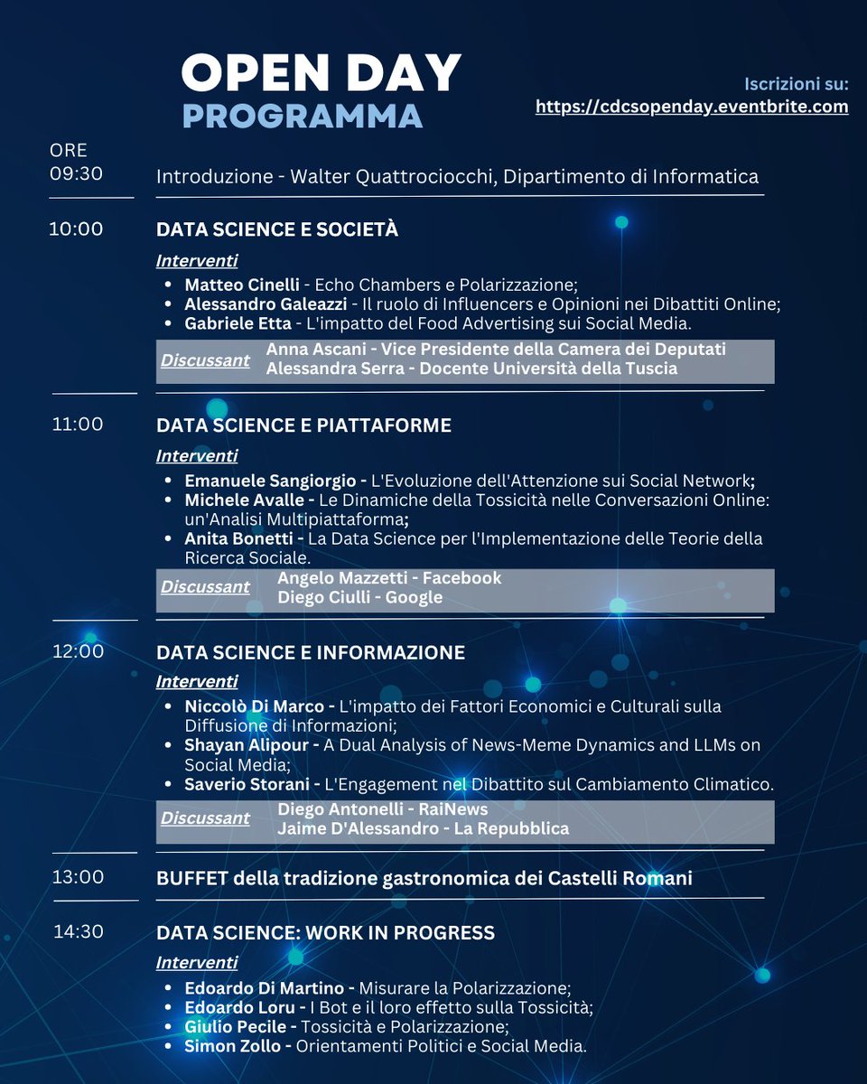 Aprire nuove frontiere in questo momento storico immerso nei dati e farsi trovare pronti a ciò che verrà: ecco cosa può fare la #datascience.
Ci vediamo il 20 settembre all'open day per comprendere qualcosa di più delle dinamiche online.
Tutte le info qui: cdcsopenday.eventbrite.com