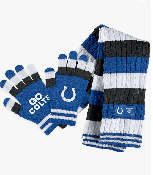 DEAL ALERT 🔔Erin Andrews Women's Striped Scarf &amp; Gloves Set $23.99!! amzn.to/46bfre2 #ColtsNation #womensfootball #tailgate #football