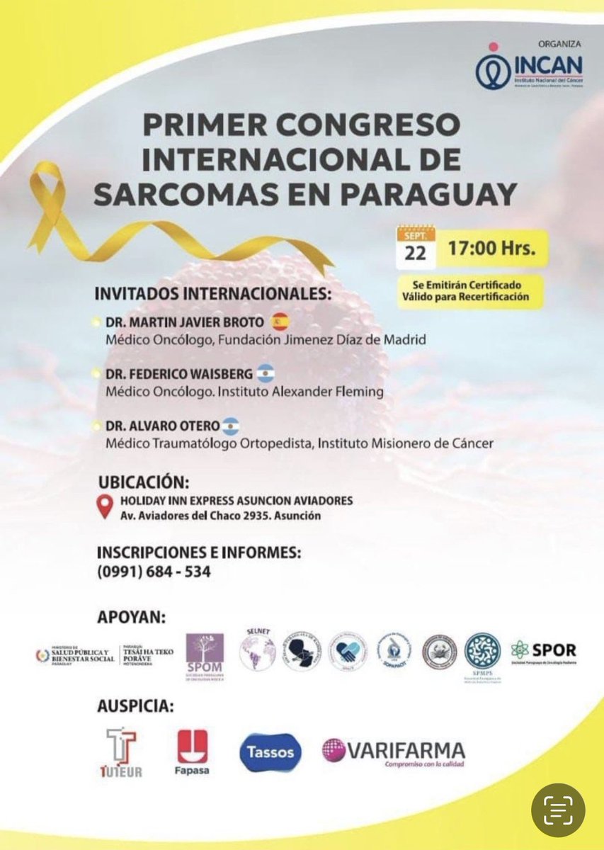 SelnetH2020's tweet image. Queremos invitarlos a participar del
Primer congreso internacional de sarcomas de Paraguay 🇵🇾 🙌🏻

🗓️ 22 de Septiembre a las 17hs 🗒️

#sarcomas #selnet