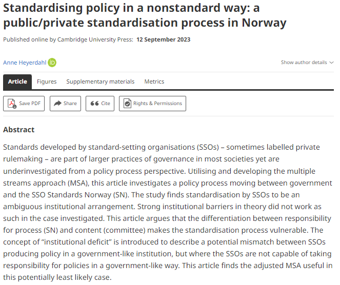 A new interesting article by Anne Heyerdahl is now available on our FirstView page. It is entitled “Standardising policy in a nonstandard way: a public/private standardisation process in Norway”. Enjoy it here: t.ly/nOpnw @JPublicPolicy @PSUPublicPolicy