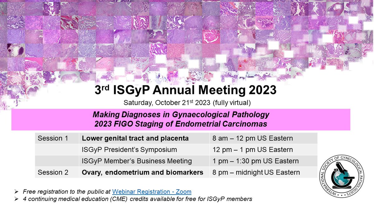 Join the virtual 3rd ISGyP Annual Meeting "Making diagnoses in gynaecological pathology 2023 FIGO staging of endometrial carcinomas", Oct 21, for free! Expert lectures in #gynpath Open to all pathologists &amp; trainees. Register free at us02web.zoom.us/webinar/regist…