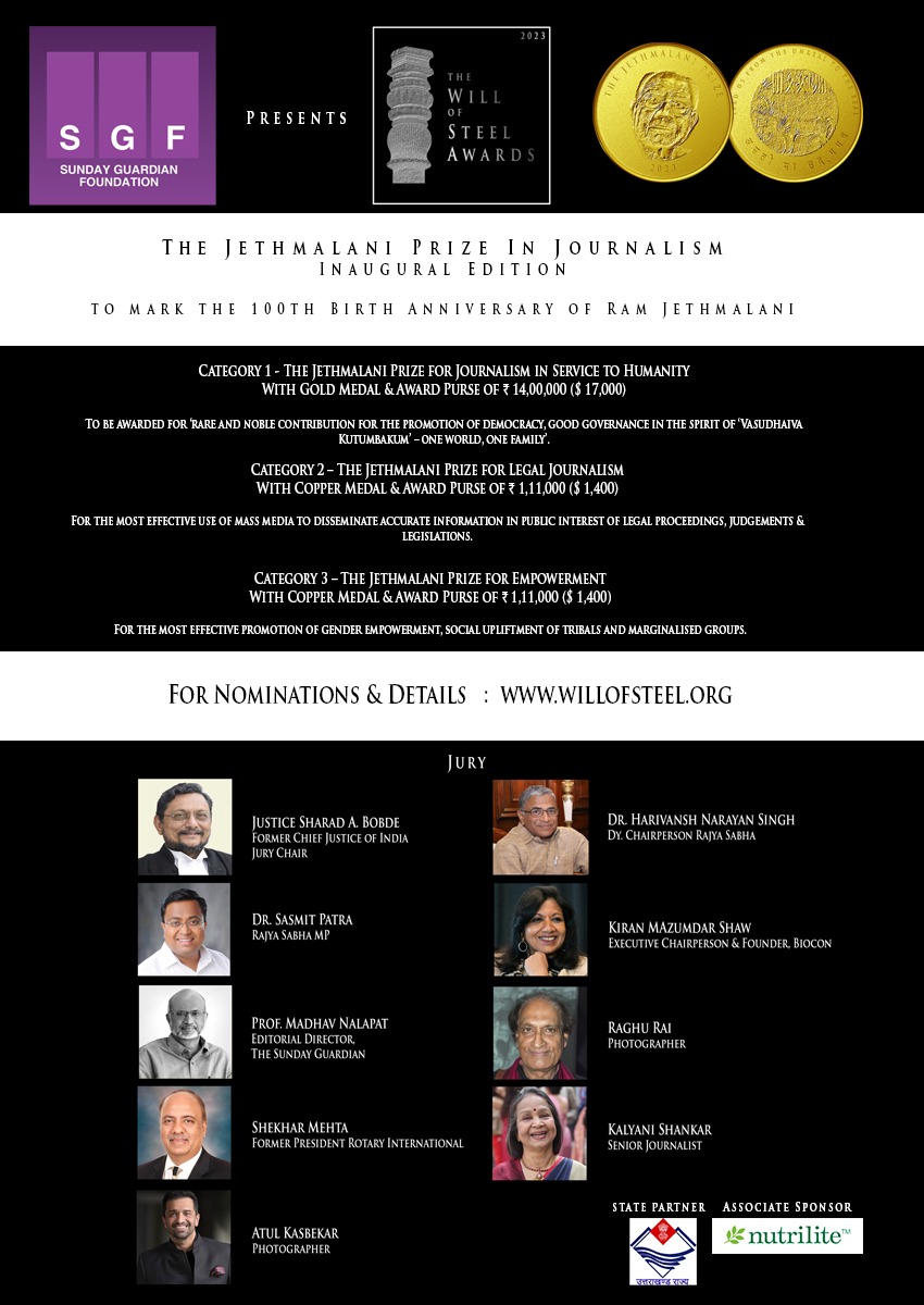 The Sunday Guardian Foundation presents The Will of Steel Awards 2023 inaugurating The Jethmalani Prize, the world's grandest prize in journalism. 
Watch the televised award ceremony on 15th September 2023.
.
.
<a href="/pushkardhami/">Pushkar Singh Dhami</a> <a href="/amwayindia/">Amway India</a>