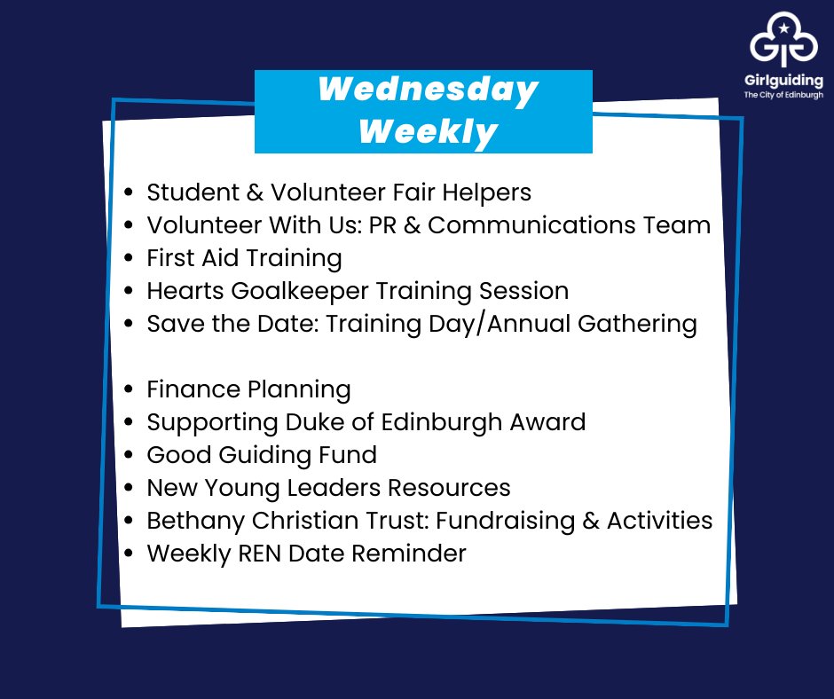 📨 Check your email or the #GirlguidingEdinburgh Adult Members Page for more details.

#VolunteerFair #volunteer #PR #Communications #FirstAid #training #Finance #DofE #SaveTheDate #TrainingDay #AnnualGathering #BethanySleepout #fundraising #REN #GirlguidingEdinburgh #Girlguiding