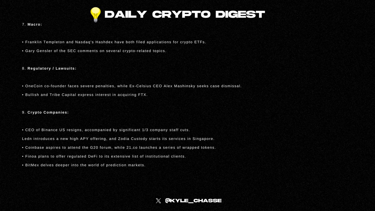 Kylechasse's tweet photo. New Day. New Alpha. Spent tons of hours researching, categorising and formulating this — hope you enjoy!

Trying out a new, better formulated and more extensive daily alpha report. For your enjoyment 👇🧠

Daily Crypto Digest - 13 Sep’23:

1. Project updates:

• Celo and Opera Browser announced a partnership to launch stablecoin wallet MiniPay for African mobile internet users, with a first-time release in Nigeria. The wallet will integrate with Opera Mini mobile browser to promote the use of Web3 products. 
• Milady Sonoro responds to Charlotte Fang's (Milady NFT Creator) accusations of stealing $1m in fees.
• Rage Trade partners with @biconomy to offer an enhanced user experience via account abstraction and eliminating wallet signings.
• Rollbit collaborates with @cryptocevo, @KaminoCrypto, and @ChrisRomanoC to bolster their Degen EXchange for trading lowcaps — $DUBBZ also listed on Degen EXchange, $HILO or $PEAR next?
• Yearn is set to soon launch yETH.
• Premia Blue is now live, introducing concentrated liquidity for LPs and permissionless market creation with on-chain spot price oracles.
• @CamelotDEX launches a market maker incentive program rewarding the most effective v3 LPs with $GRAIL rewards.

2. Chains:

• LayerZero collaborates with Google Cloud to ensure every message within LayerZero is verified by default. 
• Telegram incorporates $TON's TON Space wallet for its 800 million monthly active users.
• @AstarNetwork teams up with Polygon $MATIC to launch the Astar zkEVM L2 scaling solution.
• @MantaNetwork launches Manta Pacific, a layer 2 blockchain developed in collaboration with Caldera.
• @MetaMask introduces Snaps, software modules that extend wallet capabilities and allow for the support of non-EVM chains.

3. Rugs / Exploits:

• Good Entry's vaults are temporarily halted due to a bug.
• CoinEx hot wallets suffered a breach, escalating losses to $54m. The exchange promises full compensation to affected users.
• Data breach reported for ENS Domains by Siegedsec.

4. Raises:

• Electric Capital is on a quest to amass $300m for its third new fund.

5. Governance:

• Apecoin proposal by @machibigbrother aims to acquire notable NFTs, with voting scheduled for 15 Sep'23.
• $AAVE and $DYDX both have proposals under consideration to expand their respective platforms.

6. Onchain:

• An OTC counterparty transferred a significant sum of $CRV to Binance, violating a 6-month lockup agreement.
• DWF Labs deposits a sizable amount of $GAL to Binance.
• @friendtech daily volumes surpass ETH NFT volume.

7. Macro:

• Franklin Templeton and Nasdaq's Hashdex have both filed applications for crypto ETFs.
• Gary Gensler of the SEC comments on several crypto-related topics.

8. Regulatory / Lawsuits:

• OneCoin co-founder faces severe penalties, while Ex-Celsius CEO Alex Mashinsky seeks case dismissal.
• Bullish and Tribe Capital express interest in acquiring FTX.

9. Crypto Companies:

• CEO of Binance US  resigns, accompanied by significant 1/3 company staff cuts.
Ledn introduces a new high APY offering, and Zodia Custody starts its services in Singapore.
• Coinbase aspires to attend the G20 forum, while 21,co launches a series of wrapped tokens.
• Finoa plans to offer regulated DeFi to its extensive list of institutional clients.
• BitMex delves deeper into the world of prediction markets.

If you enjoyed this Daily Crypto Digest, please would you kindly:

- Like
- Repost 
- Bookmark

🧠🧠🧠