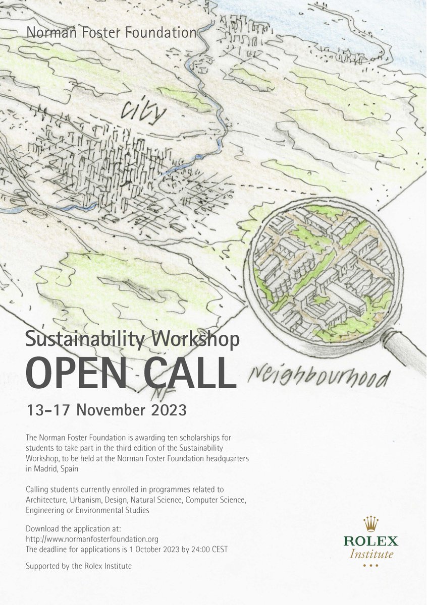 NormanFosterFdn's tweet photo. The #NormanFosterFoundation is awarding ten scholarships for students to take part in the third edition of the #SustainabilityWorkshop, supported by the #RolexInstitute. Deadline for applications is 1 October. We look forward to receiving your application!
https://t.co/UyeyFLOyNk https://t.co/ZtoVVFcz7L