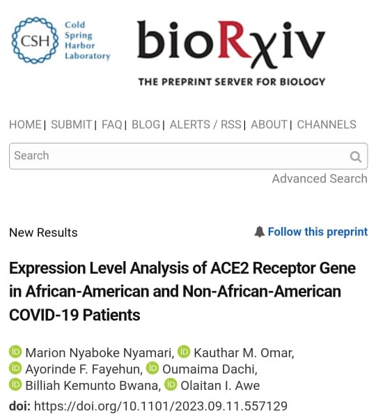 marion_nyaboke's tweet photo. Very excited to share our preprint describing the Expression Levels of ACE2 Receptor Gene in African-American and Non-African-American COVID-19 Patients.

A big thank you to all my colleagues and @asbcb1  @laitanawe #OmicsCodeathon #NIH

Check it out: https://t.co/Ako2q334Jw. https://t.co/v9swCHZZdu