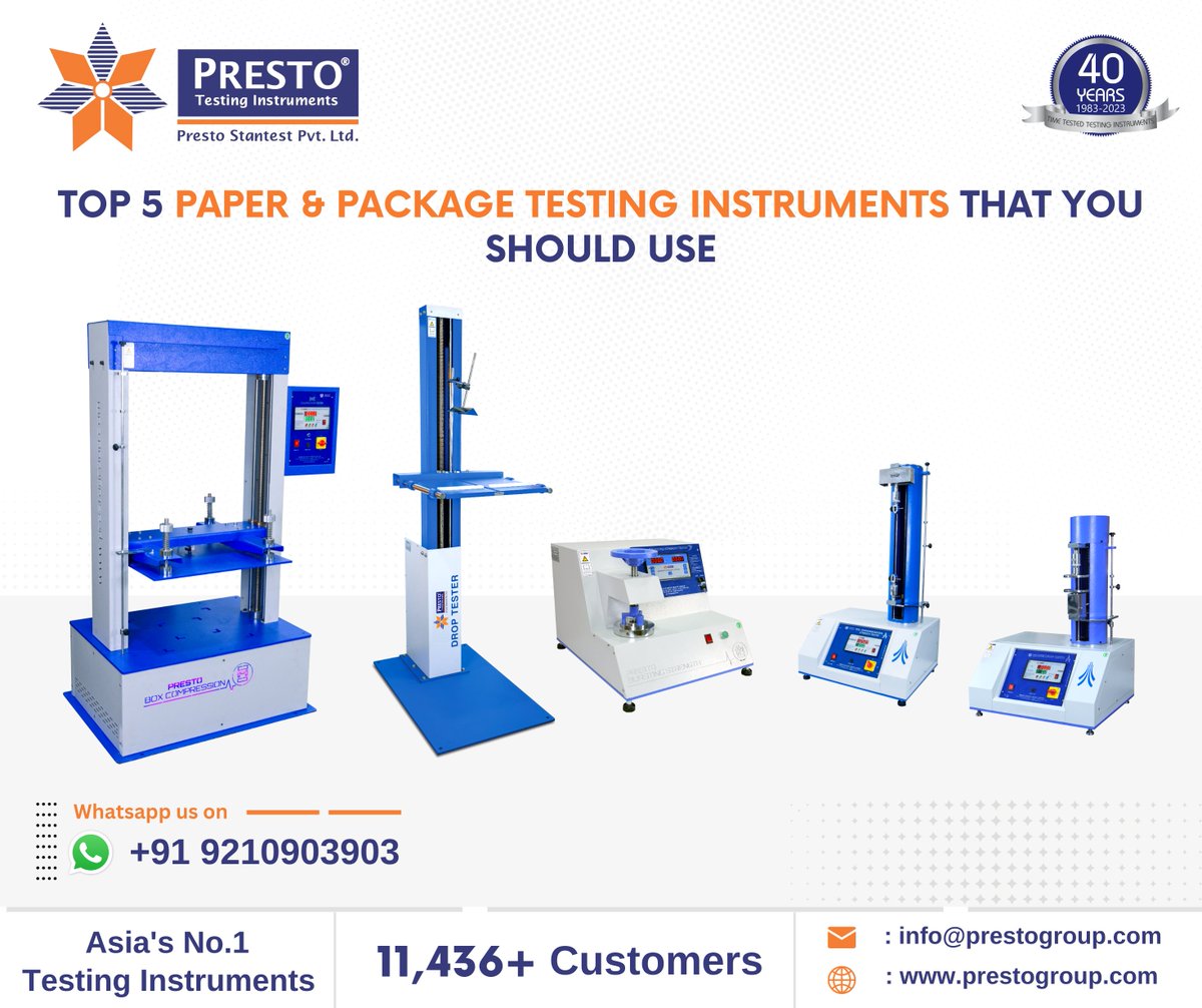 PrestoGroup's tweet image. Here we have listed the top 5 papers &amp;amp; package testing instruments:
1. Bursting strength tester
2. Box compression tester
3. Drop tester
4. Edge crush tester
5. Peel strength tester

Call +91 9210903903
#droptester #boxcompressiontester #burstingstrengthtester #packagingsolutions