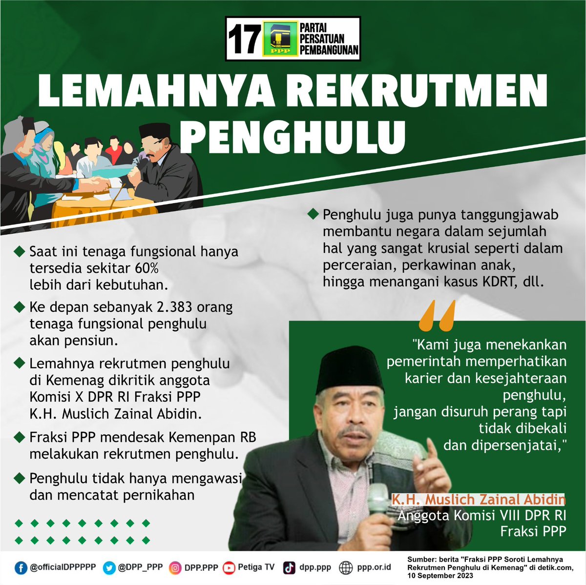 "Kami juga menekankan pemerintah memperhatikan karier dan kesejahteraan penghulu, jangan disuruh perang tapi tidak dibekali dan dipersenjatai," kata Muslich Zainal Abidin

<a href="/Kemenag_RI/">Kementerian Agama RI</a>