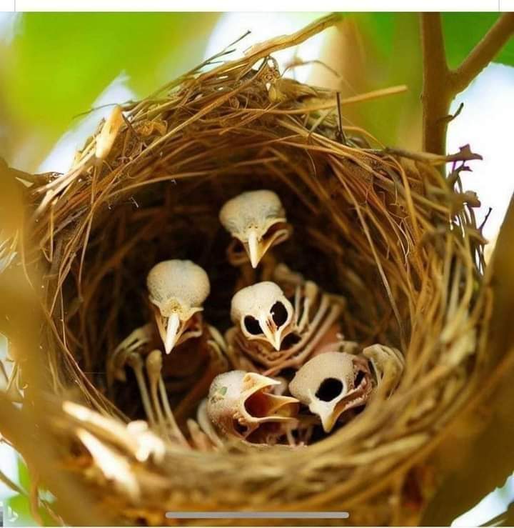 Dead birds nest                                                 they r waiting for their mother..to bring food for them ..but obviously mother was killed..don't be reason why some one pain ..Don't kill some one dream's just because of ur greed  Don't be the reason why they quit
