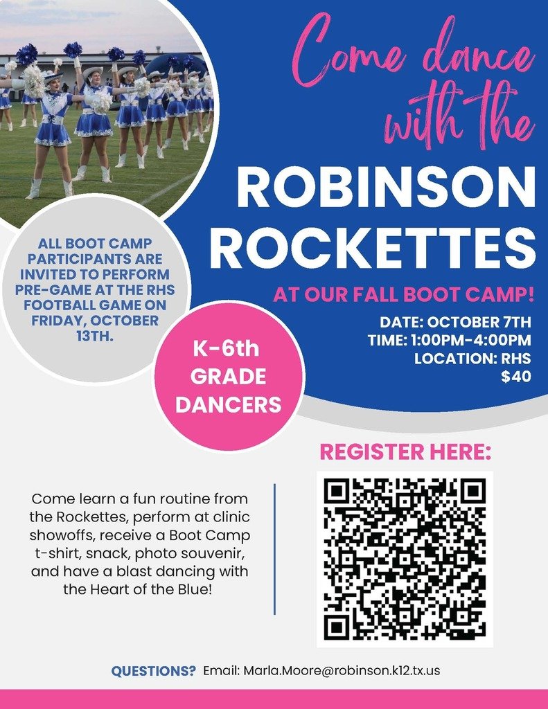 robinsonisd's tweet photo. Please see the information below about the Robinson Rockette Boot Camp for K-6th graders and register at https://t.co/kNAaW77ChX https://t.co/Nzfykmhnxs