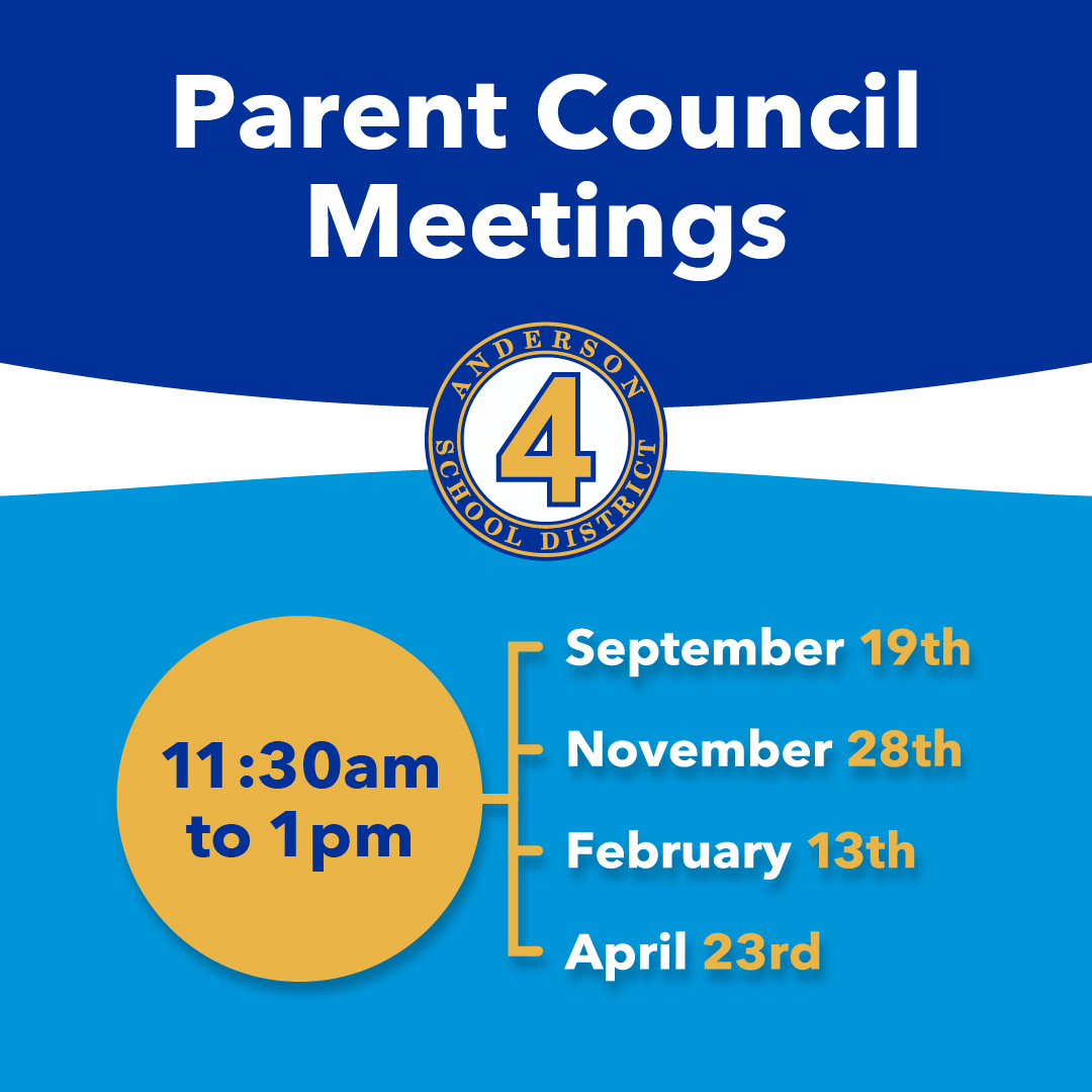 Anderson School District 4 (@andersonsd4) on Twitter photo If you would like to serve on the 2023-2024 Parent Council, today is the last day to sign up. Email Martie Brothers at mybrothe@anderson4.org for more information.
#Experience4 #DreamBig If you would like to serve on the 2023-2024 Parent Council, today is the last day to sign up. Email Martie Brothers at mybrothe@anderson4.org for more information.
#Experience4 #DreamBig
