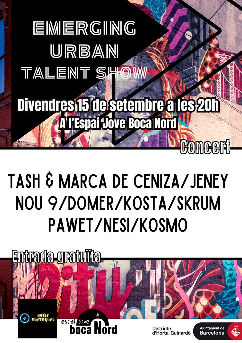 Eii!  👀
Aquest divendres concert de música urbana organitzat per <a href="/MentoringBcn/">Music Mentoring BCN</a>  de la mà de <a href="/flautekMZ/">DL</a>  🔥🔥