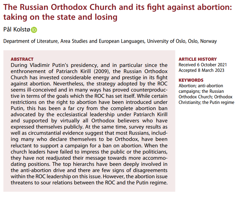 Religion, State & Society Journal (@rssjournal) on Twitter photo Is the Russian Orthodox Church's fight against abortion ill-conceived & counter-productive? Pål Kolstø <a href="/UniOslo/">Universitetet i Oslo</a> argues that church leaders have failed to convince the public and politicians, and risk souring relations with Putin's government. #OpenAccess
tandfonline.com/doi/full/10.10… Is the Russian Orthodox Church's fight against abortion ill-conceived & counter-productive? Pål Kolstø <a href="/UniOslo/">Universitetet i Oslo</a> argues that church leaders have failed to convince the public and politicians, and risk souring relations with Putin's government. #OpenAccess
tandfonline.com/doi/full/10.10…