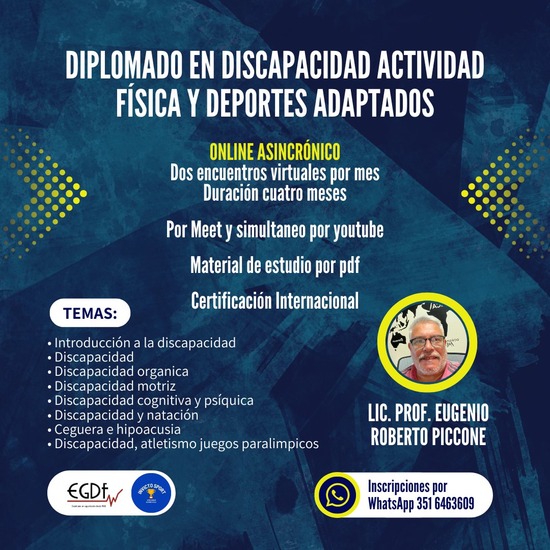 DIPLOMADO EN DISCAPACIDAD, ACTIVIDAD FÍSICA Y DEPORTE ADAPTADO, INSCRIPCIÓN 2x1

¡Atención Entrenadores Deportivos, Profesores de Educación Física, Licenciados en Actividad Física, Técnicos Deportivos y estudiantes de carreras afines¡

Inicio, 15 de Octubre