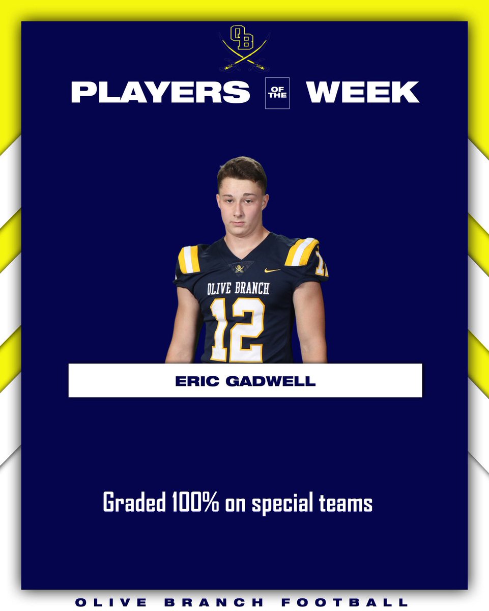Congrats to last week’s Players of the Week vs Horn Lake!

Raheem Vance:  26/30 411 yards (school record)

Tyler Wesley:  1.5 sacks, 2 passes defended, 4 QB hits

Eric Gadwell:  100% grade on special teams
<a href="/OBHSQuistors/">Olive Branch High School ⚔️🌑🌕⚔️</a> <a href="/raheemvance_/">HEEM</a> <a href="/tylerwesley_1/">Tyler Wesley</a>