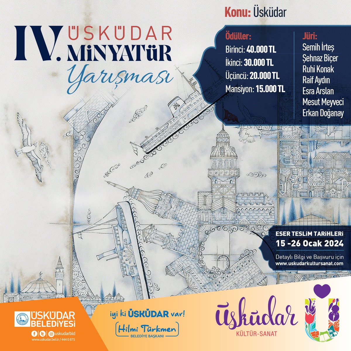 Üsküdar 4. Minyatür Yarışması Başladı!  

Üsküdar’ın tarihi, kültürel ve doğal güzelliklerinin minyatürde hayat bulacağı 4. Minyatür Yarışması’na dair detaylı bilgi için👇🏻

uskudarkultursanat.com/yarismalarimiz…

🗓 Eser gönderim tarihi: 15-26 Ocak 2024