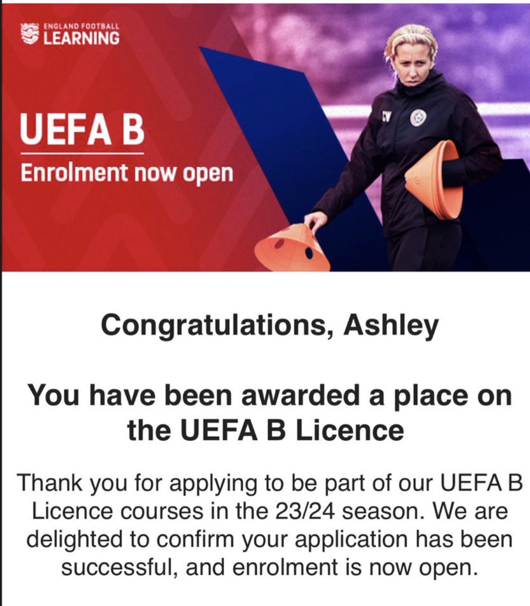 Absolutely delighted to be offered a place on #UEFAB ! Can’t wait to get started in the new year @EnglandLearning