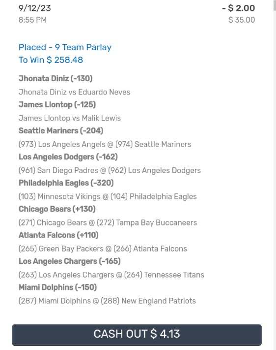 First Two was Dana White contender series fighters 💰💰 
Seattle and the Dodgers both blew out  opponents #Eagles #Bearss #Falcons #Chargers #Dolphins #NFLTwitter #LetsCash #Wk2NFL #Parlays #MLB #DWCC #MMATwitter  #X