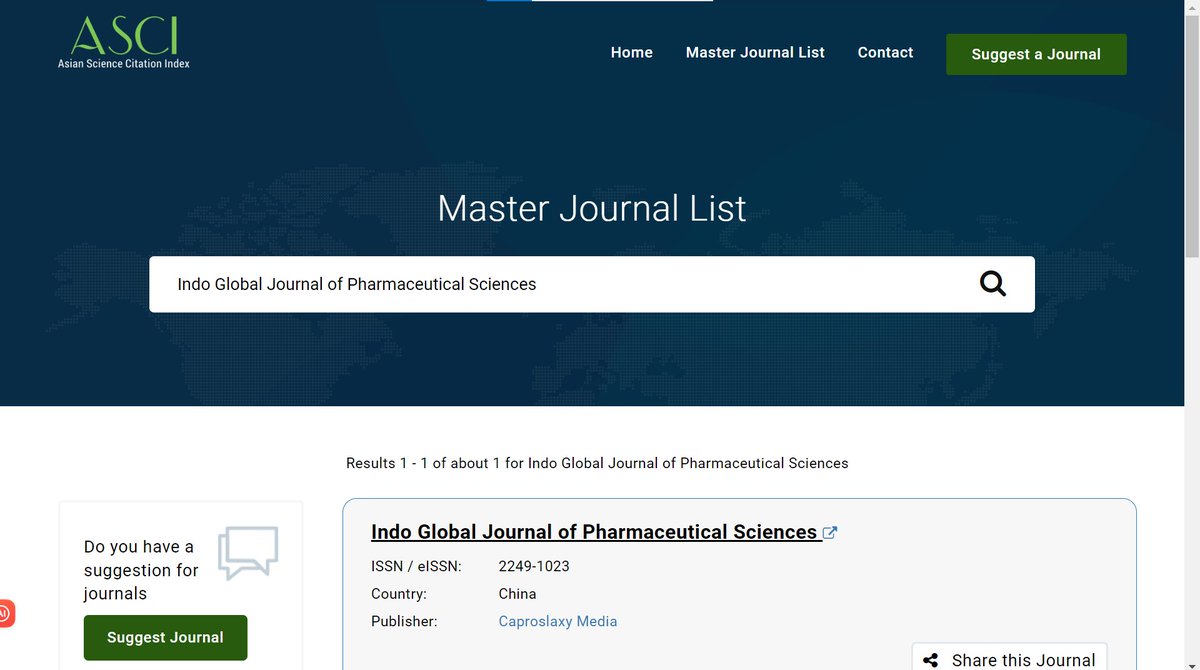 We are pleased to inform all authors, readers, editors, and reviewers that Indo Global J. Pharm. Sci. is now indexed in 'Asian Science Citation Index (ASCI)'
ascidatabase.com/publisher.php?…
#NPMND #DHPSP #SCICADD #INPST #SCINATMED
igjps.com