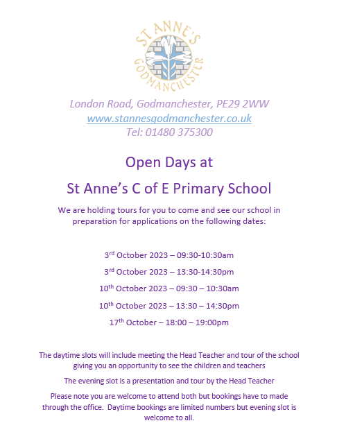 StAnnes_CofE's tweet photo. We are holding open days for prospective Reception parents whose children will start school in September 2024. Please see the attached poster for dates and times. We look forward to welcoming you to St Anne's. https://t.co/Rwa1hPXa46
