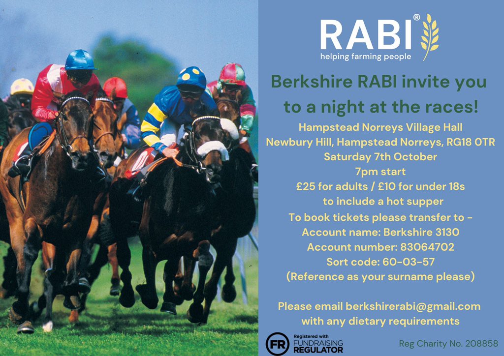 Berkshire RABI are holding a race night on Saturday 7th October! 🐎 

Book & come along and join in on the fun! 

More details below ⬇️ 

#RABIcharity #HelpingFarmingPeople #RaceNight