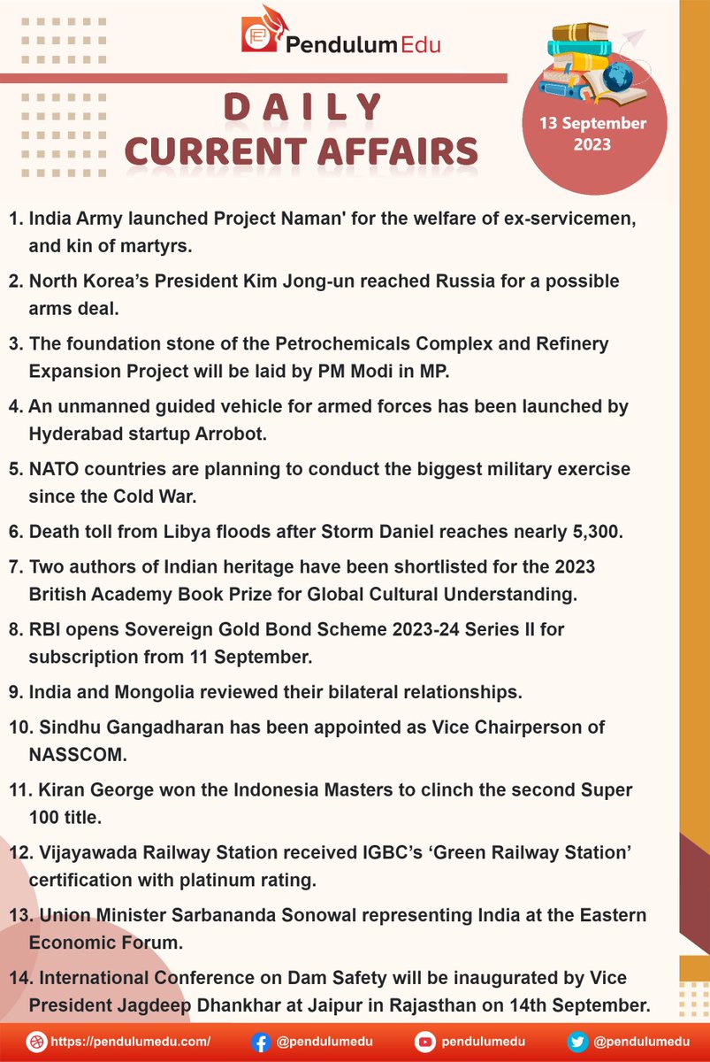 pendulumedu's tweet photo. Stay Updated with Daily Current Affairs of 13 September 2023 - https://t.co/aXcBNfenYu
#currentaffairsupdates #worldAffairs #GKNews #latestnews #NationalNews #Internationalnews #SportsNews #G20BharatSummit #Indianarmy #Projectnaman #KImjongun #Thefoundationstone #Natocountries https://t.co/dnH2vWzr2r