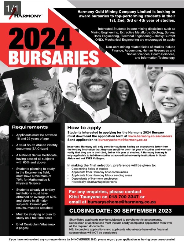CimeraSA's tweet photo. Harmony is seeking top-performing students in core mining disciplines and more!

For more details on the bursary application process, visit: https://t.co/ltUIyXlDMj.

Deadline: September 30, 2023. https://t.co/HUFJrsSfxg