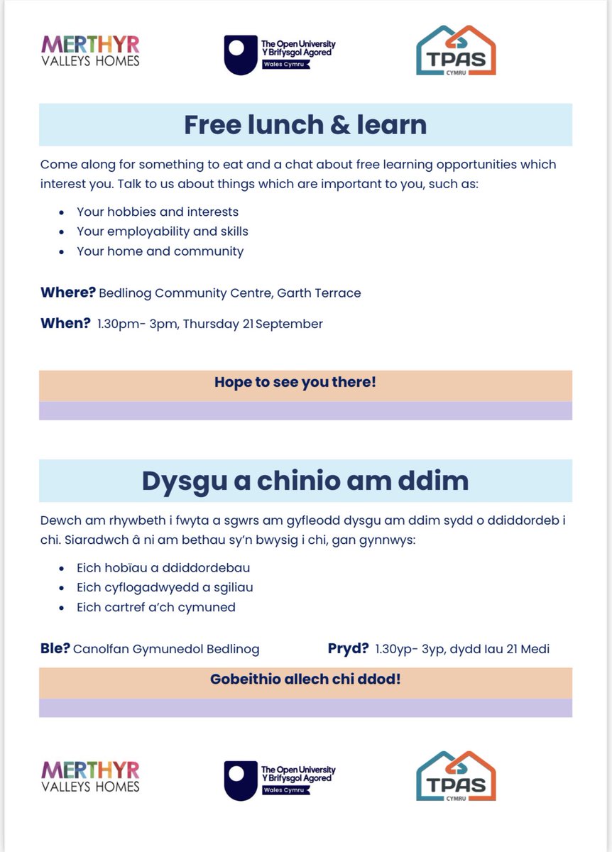 BTComCouncil's tweet photo. A FREE Lunch &amp; Learn is being held at Bedlinog Community Centre by Merthyr Valleys Homes , The Open University and TPAS Cymru

Thursday 21st September, 1.30pm-3pm

Pop in for something to eat and a chat about free learning opportunities which interest you.

#adultlearnersweek https://t.co/lneh4VwznV