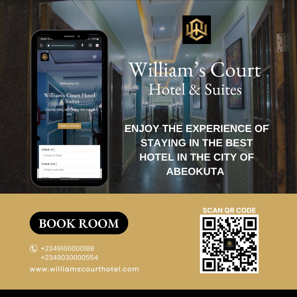 williamshotels's tweet photo. Experience the Best of Abeokuta at Our Premier Hotel 🌟

Indulge in the ultimate luxury experience when you stay with us. We're here to make your visit unforgettable. Welcome to a world of comfort, elegance, and top-notch hospitality. 🏨✨ #LuxuryStay #AbeokutaHotel https://t.co/sGM6FlByhz